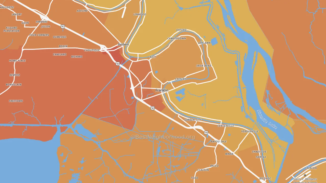 Map of the best neighborhoods in the Franklin area, with better matches in green and worse matches in red