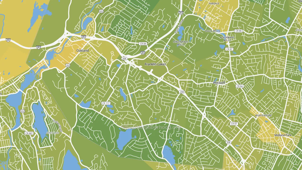Map of the best neighborhoods in the Franklin Lakes area, with better matches in green and worse matches in red