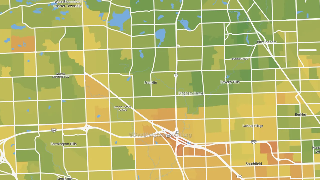 Map of the best neighborhoods in the Franklin area, with better matches in green and worse matches in red