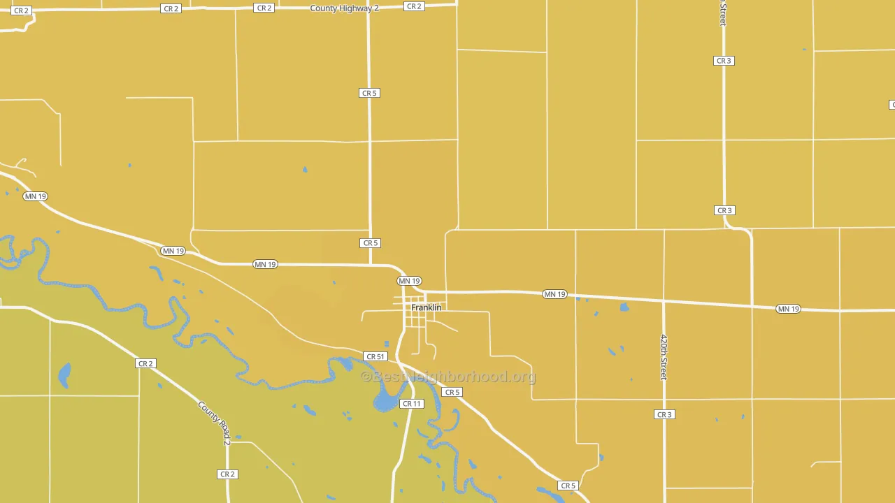 Map of the best neighborhoods in the Franklin area, with better matches in green and worse matches in red