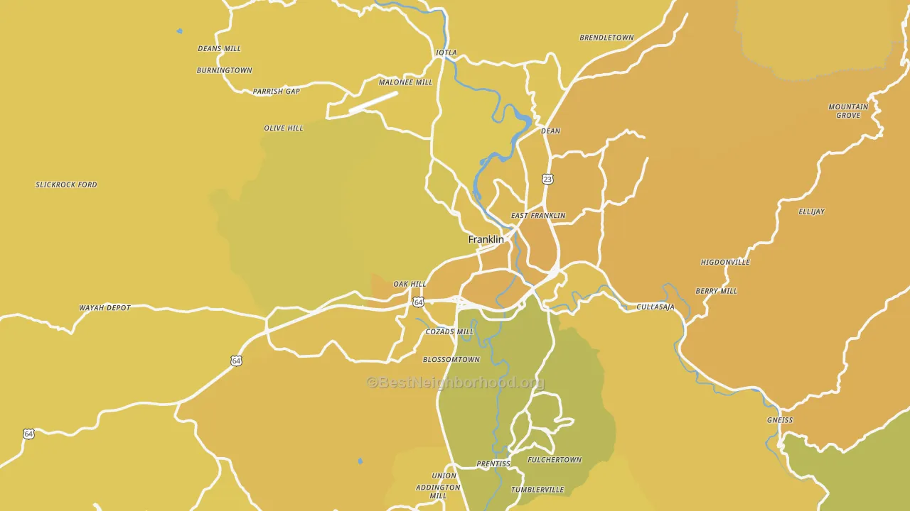 Map of the best neighborhoods in the Franklin area, with better matches in green and worse matches in red