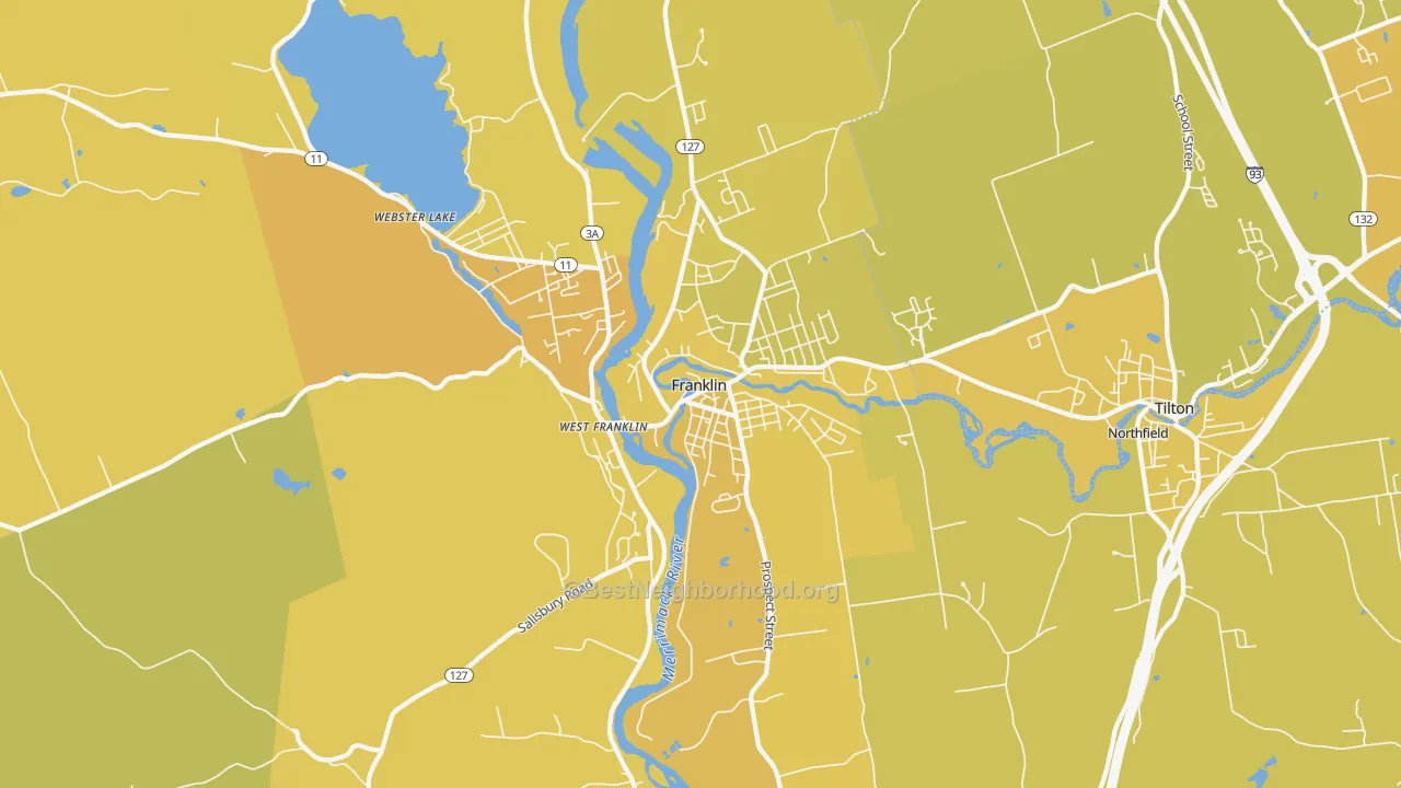 Map of the best neighborhoods in the Franklin area, with better matches in green and worse matches in red