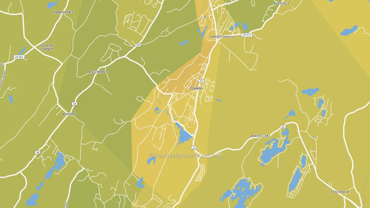 Map of the best neighborhoods in the Franklin area, with better matches in green and worse matches in red