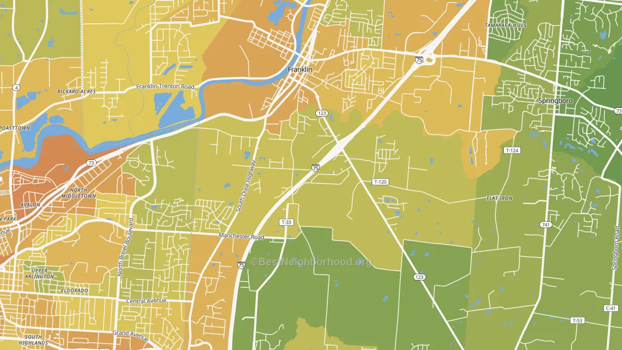 Map of the best neighborhoods in the Franklin area, with better matches in green and worse matches in red
