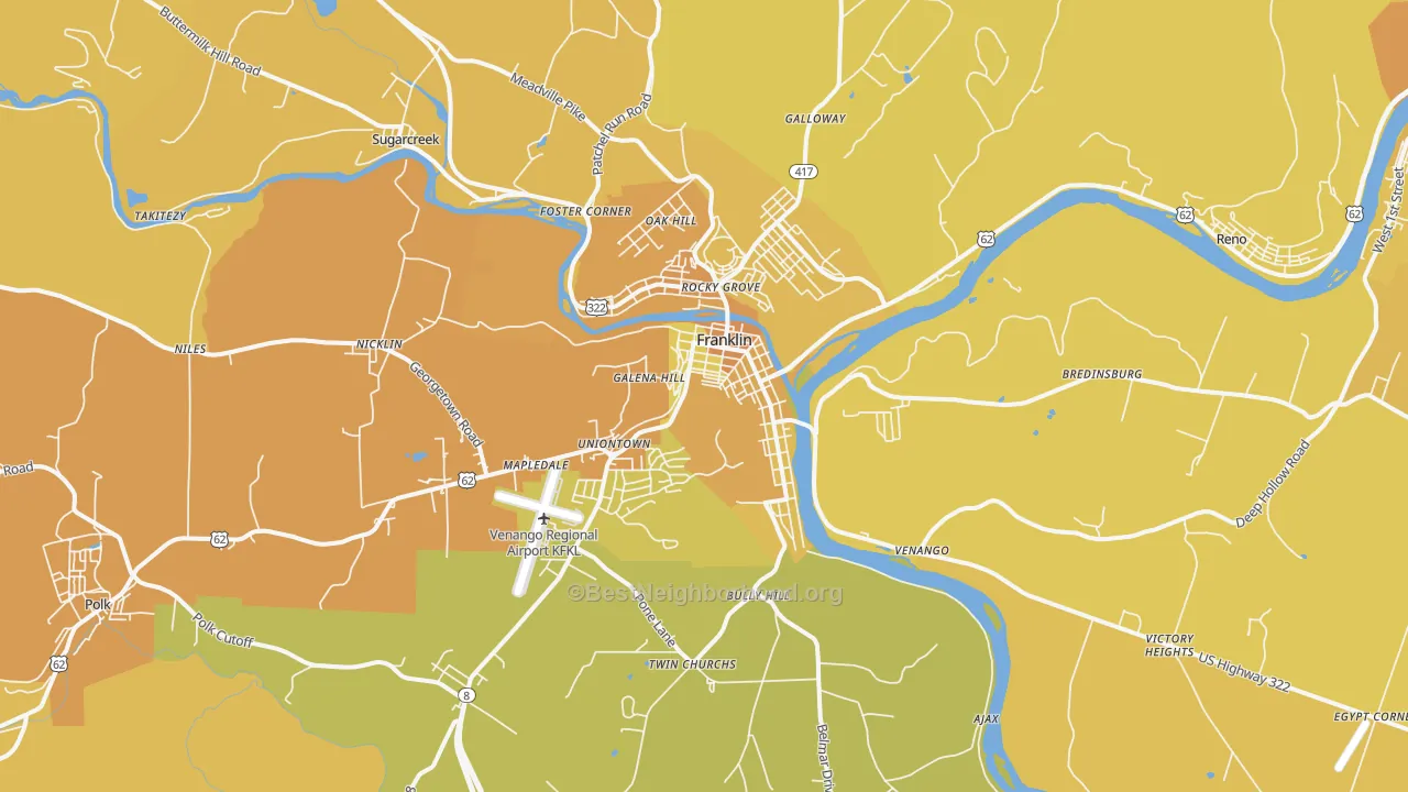 Map of the best neighborhoods in the Franklin area, with better matches in green and worse matches in red