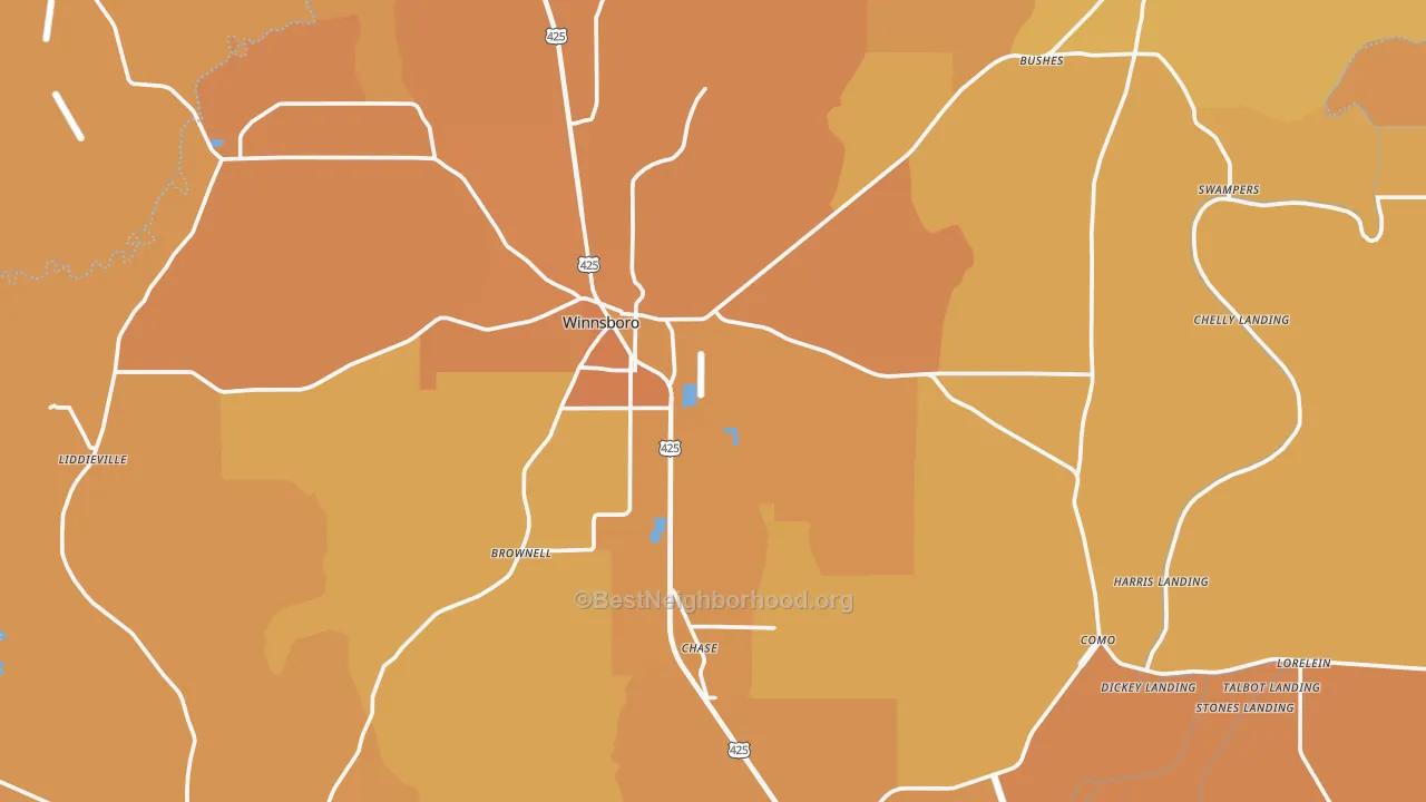 Map of the best neighborhoods in the Franklin Parish area, with better matches in green and worse matches in red