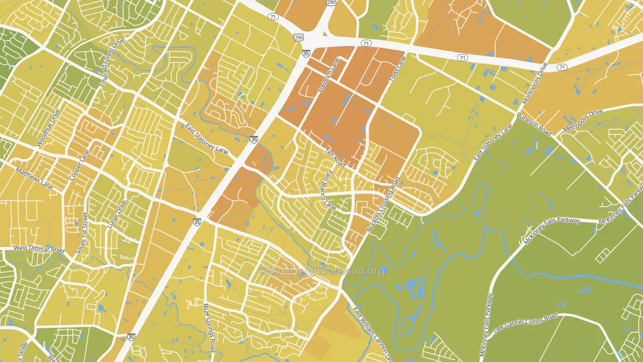 Map of the best neighborhoods in the Franklin Park, Austin area, with better matches in green and worse matches in red