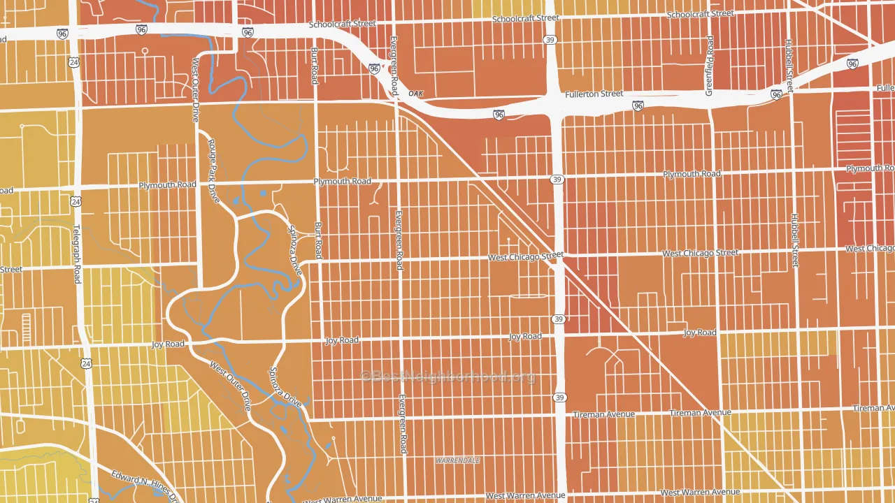 Map of the best neighborhoods in the Franklin Park, Detroit area, with better matches in green and worse matches in red