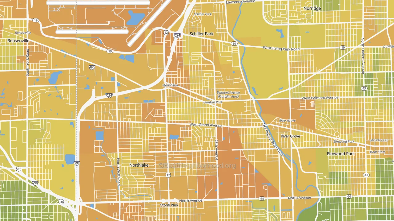 Map of the best neighborhoods in the Franklin Park area, with better matches in green and worse matches in red