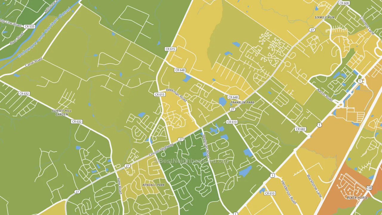 Map of the best neighborhoods in the Franklin Park area, with better matches in green and worse matches in red