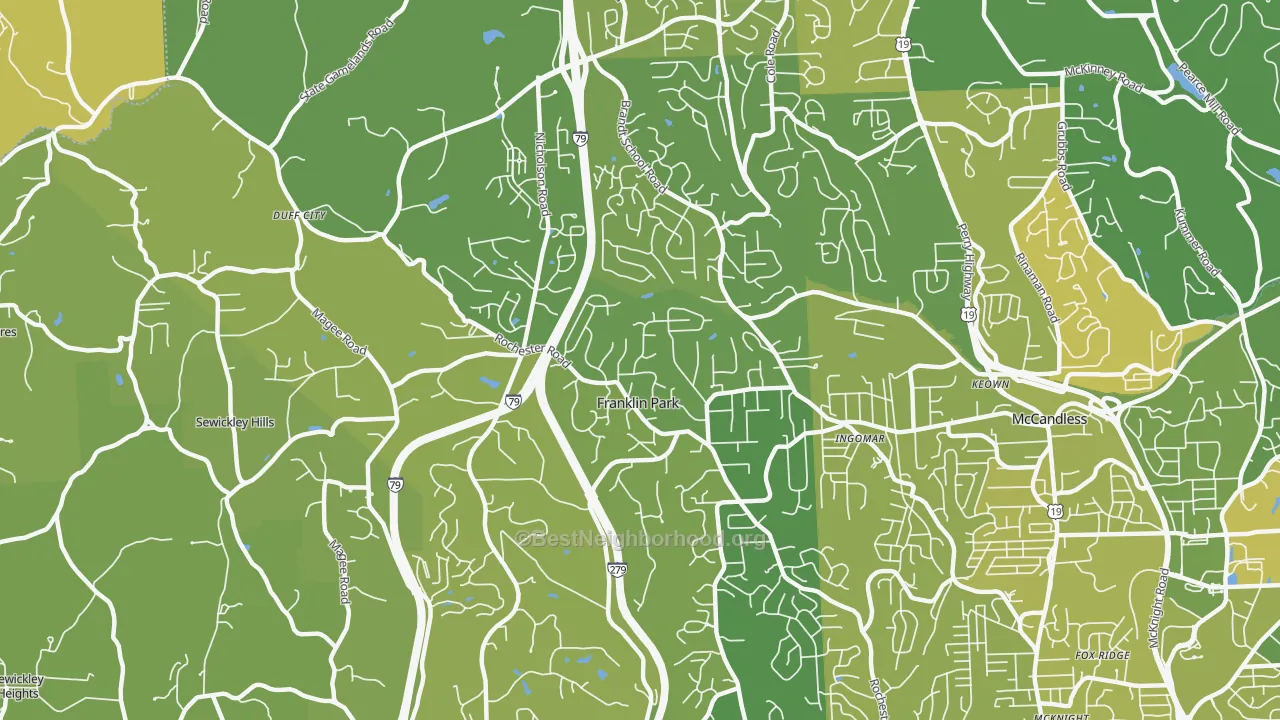 Map of the best neighborhoods in the Franklin Park area, with better matches in green and worse matches in red