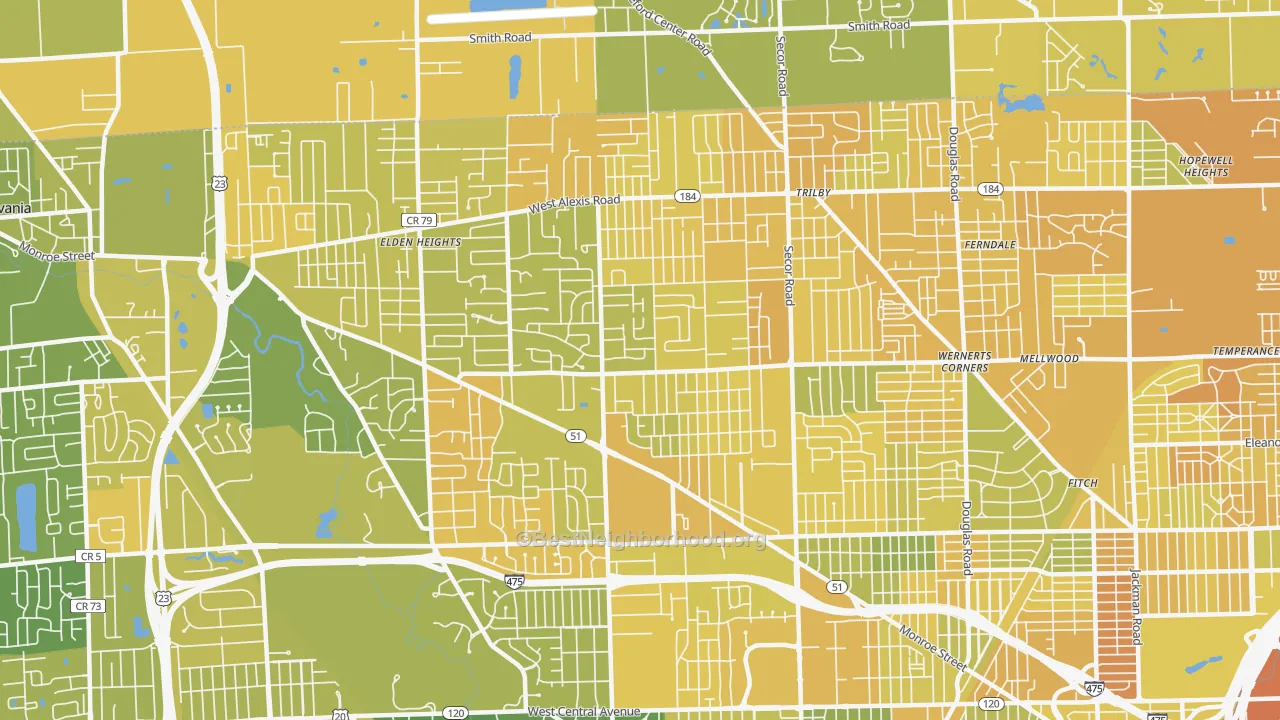 Map of the best neighborhoods in the Franklin Park, Toledo area, with better matches in green and worse matches in red