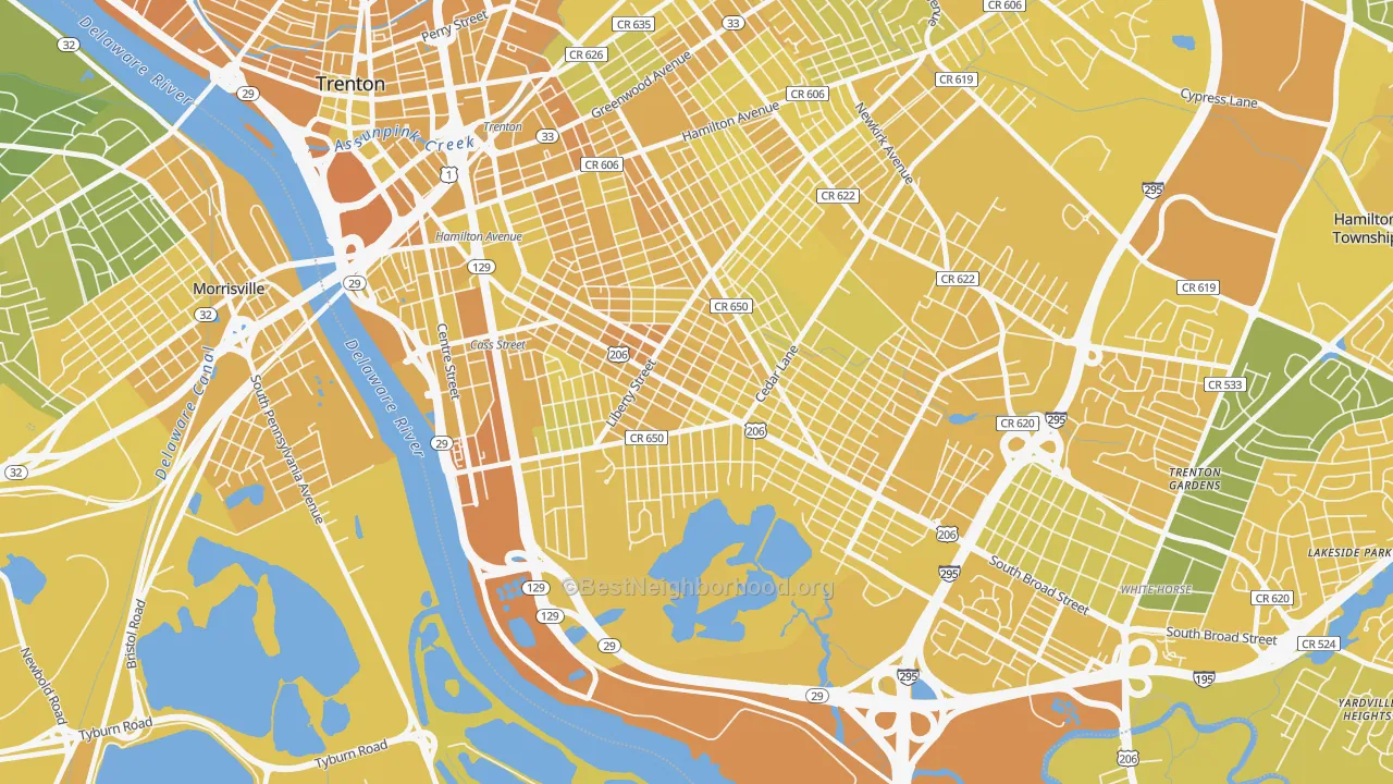 Map of the best neighborhoods in the Franklin Park, Trenton area, with better matches in green and worse matches in red