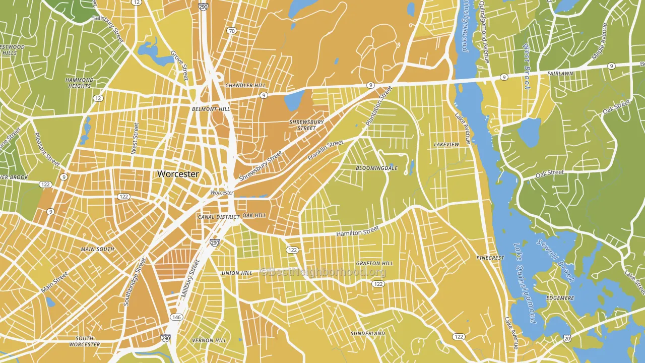 Map of the best neighborhoods in the Franklin Plantation, Worcester area, with better matches in green and worse matches in red