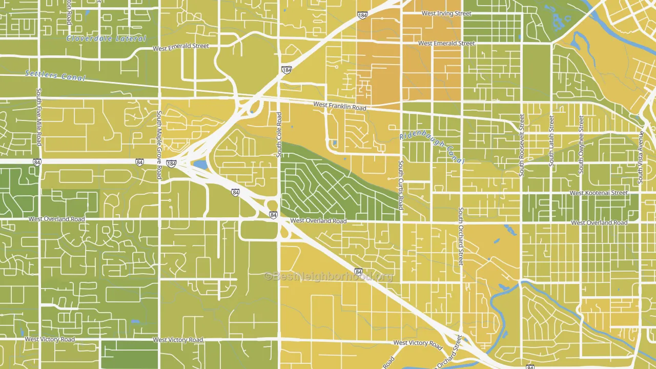 Map of the best neighborhoods in the Franklin Randolph, Boise area, with better matches in green and worse matches in red