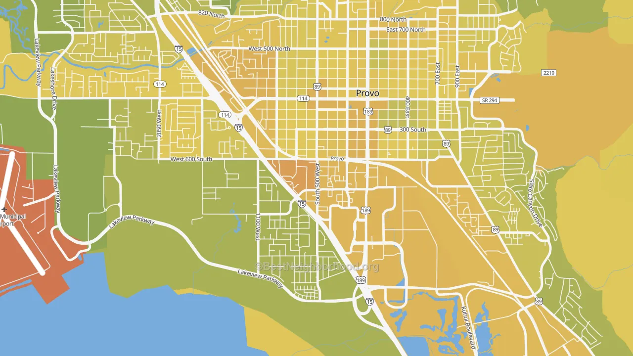 Map of the best neighborhoods in the Franklin South, Provo area, with better matches in green and worse matches in red