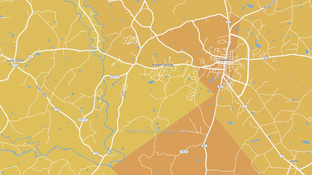 Map of the best neighborhoods in the Franklin Springs area, with better matches in green and worse matches in red