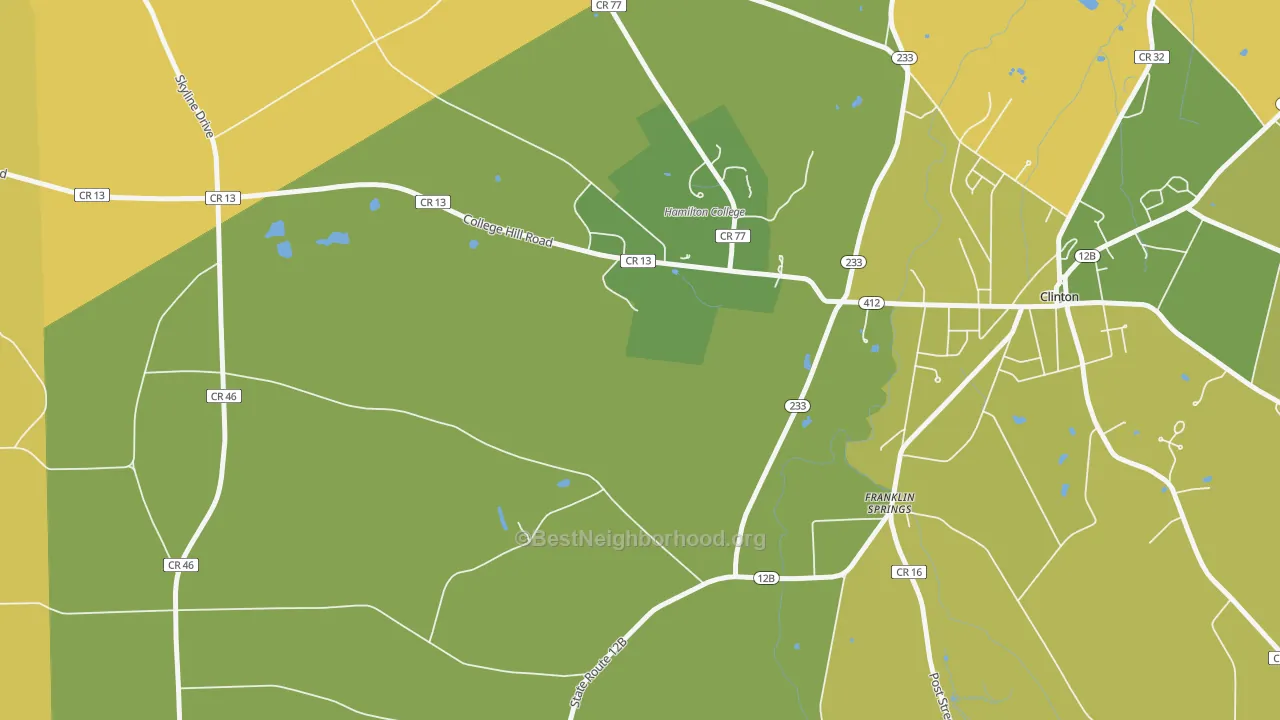 Map of the best neighborhoods in the Franklin Springs area, with better matches in green and worse matches in red