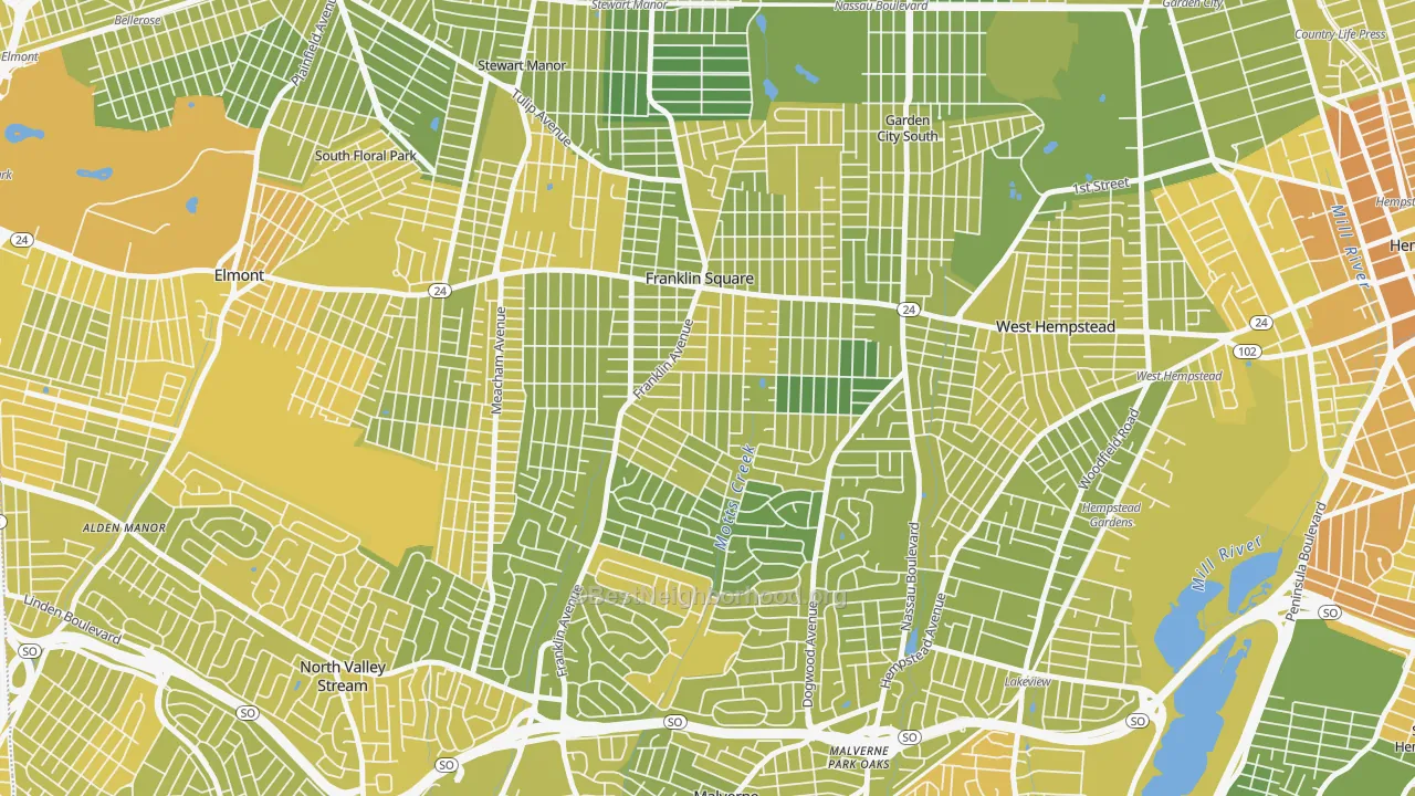 Map of the best neighborhoods in the Franklin Square area, with better matches in green and worse matches in red