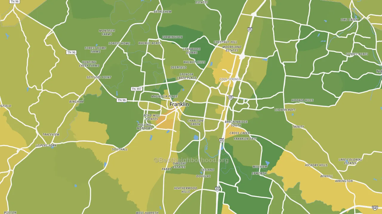Map of the best neighborhoods in the Franklin area, with better matches in green and worse matches in red