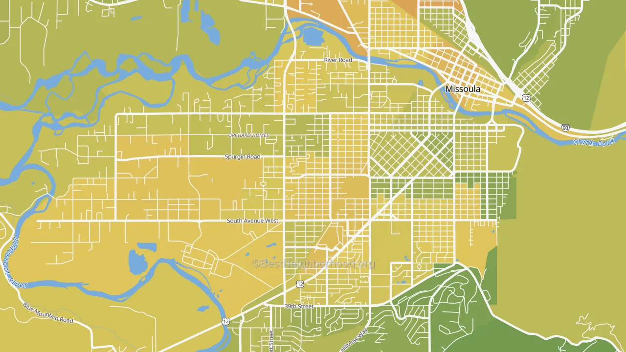 Map of the best neighborhoods in the Franklin To The Fort, Missoula area, with better matches in green and worse matches in red
