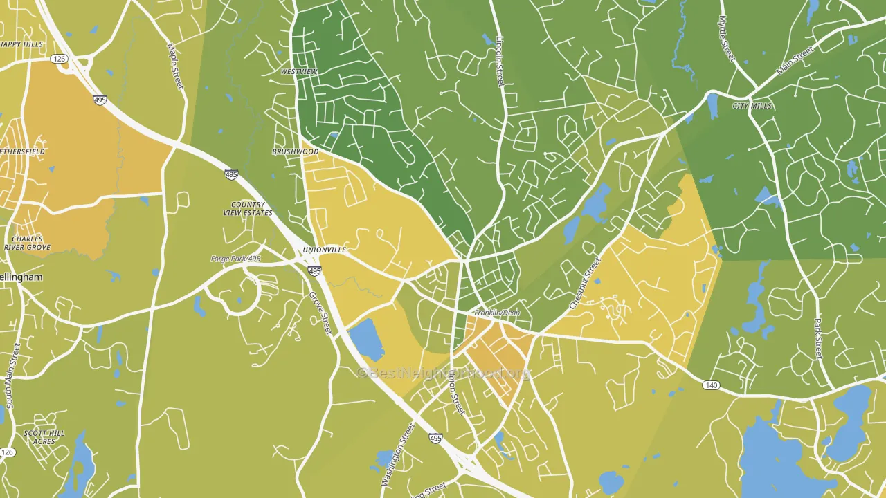 Map of the best neighborhoods in the Franklin Town area, with better matches in green and worse matches in red