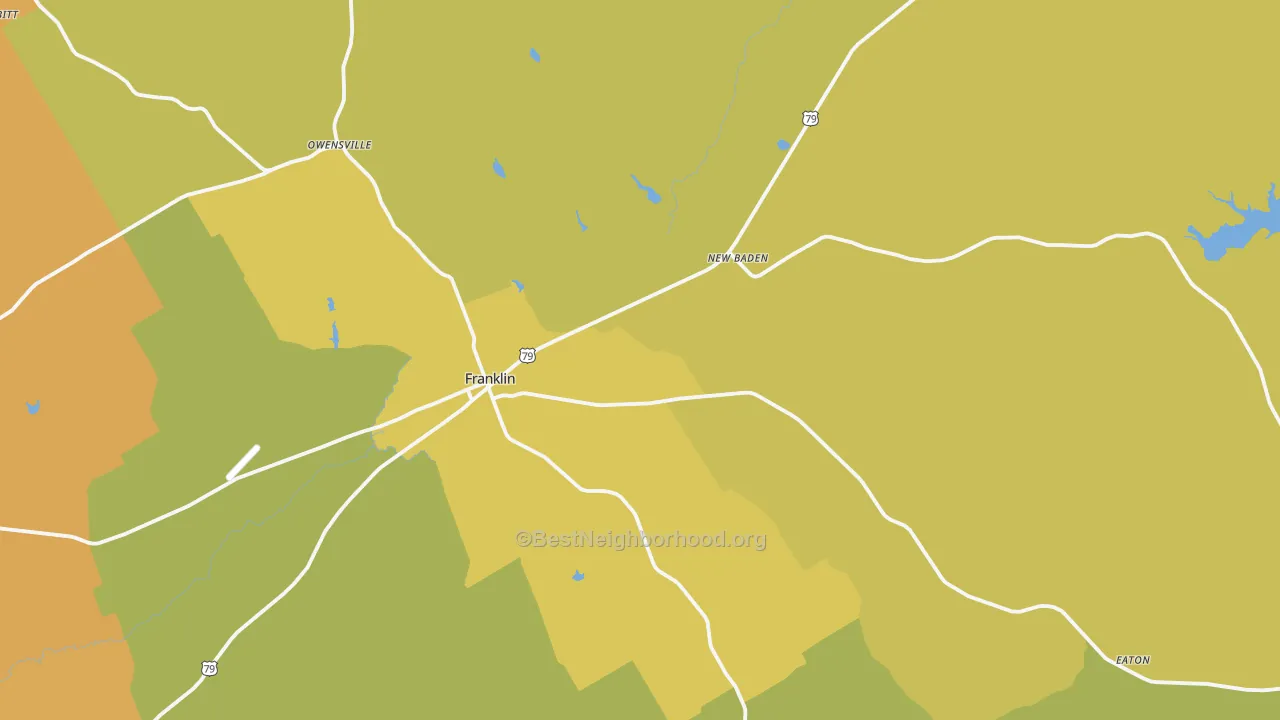 Map of the best neighborhoods in the Franklin area, with better matches in green and worse matches in red
