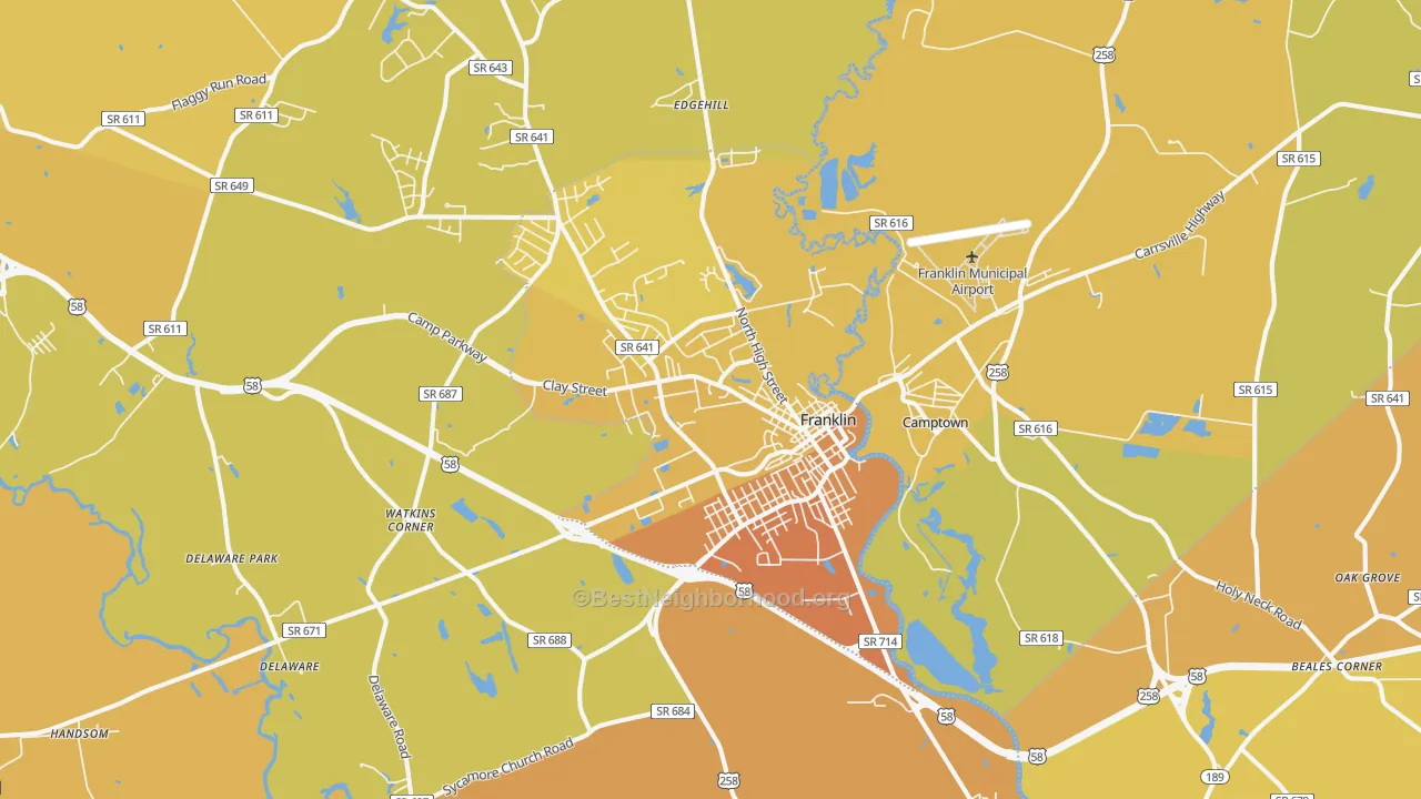 Map of the best neighborhoods in the Franklin area, with better matches in green and worse matches in red