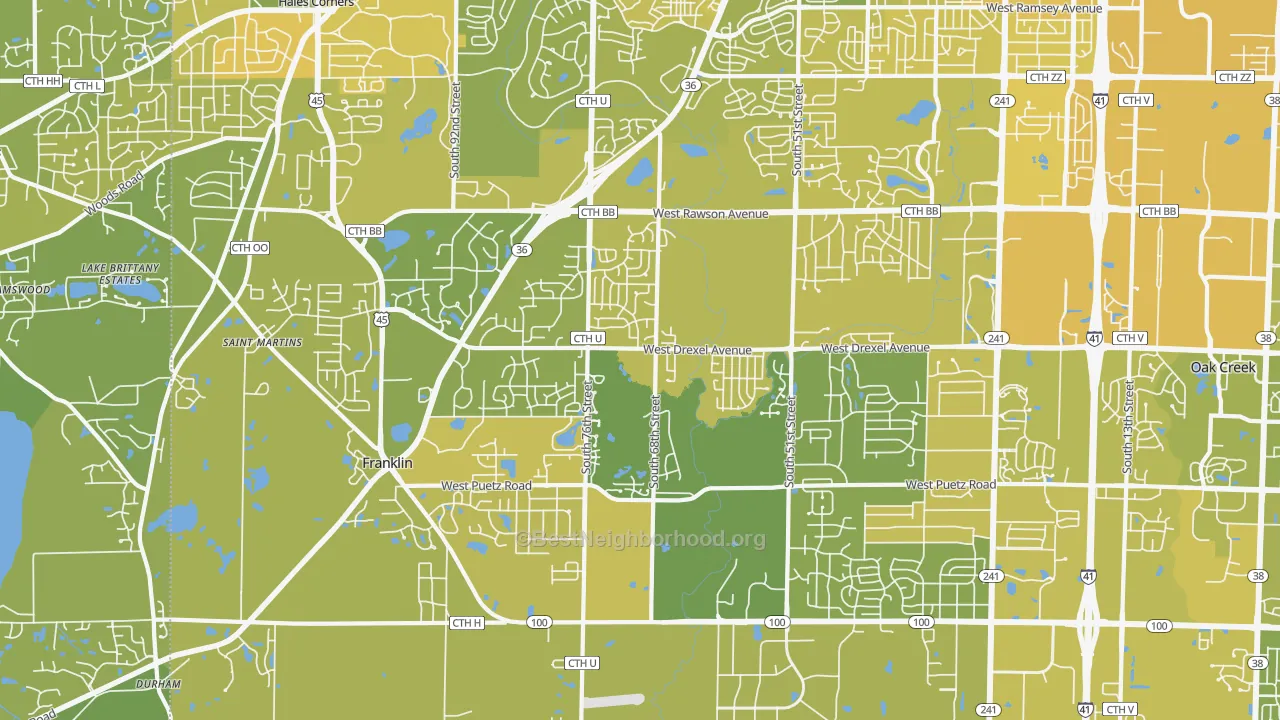 Map of the best neighborhoods in the Franklin area, with better matches in green and worse matches in red