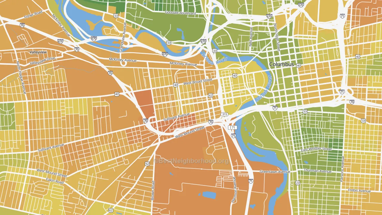 Map of the best neighborhoods in the Franklinton, Columbus area, with better matches in green and worse matches in red