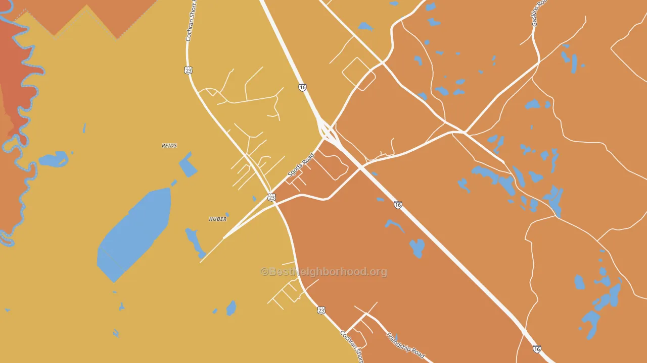 Map of the best neighborhoods in the Franklinton area, with better matches in green and worse matches in red