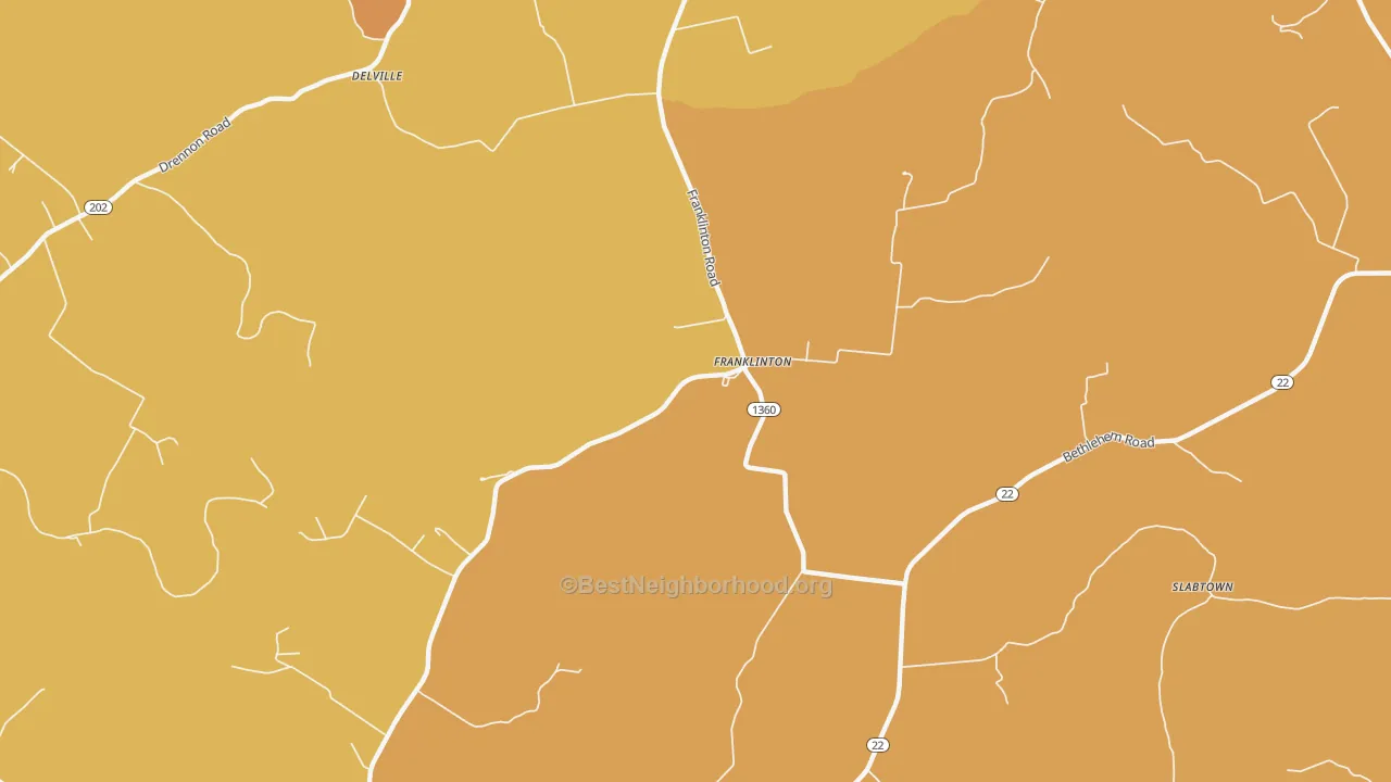 Map of the best neighborhoods in the Franklinton area, with better matches in green and worse matches in red
