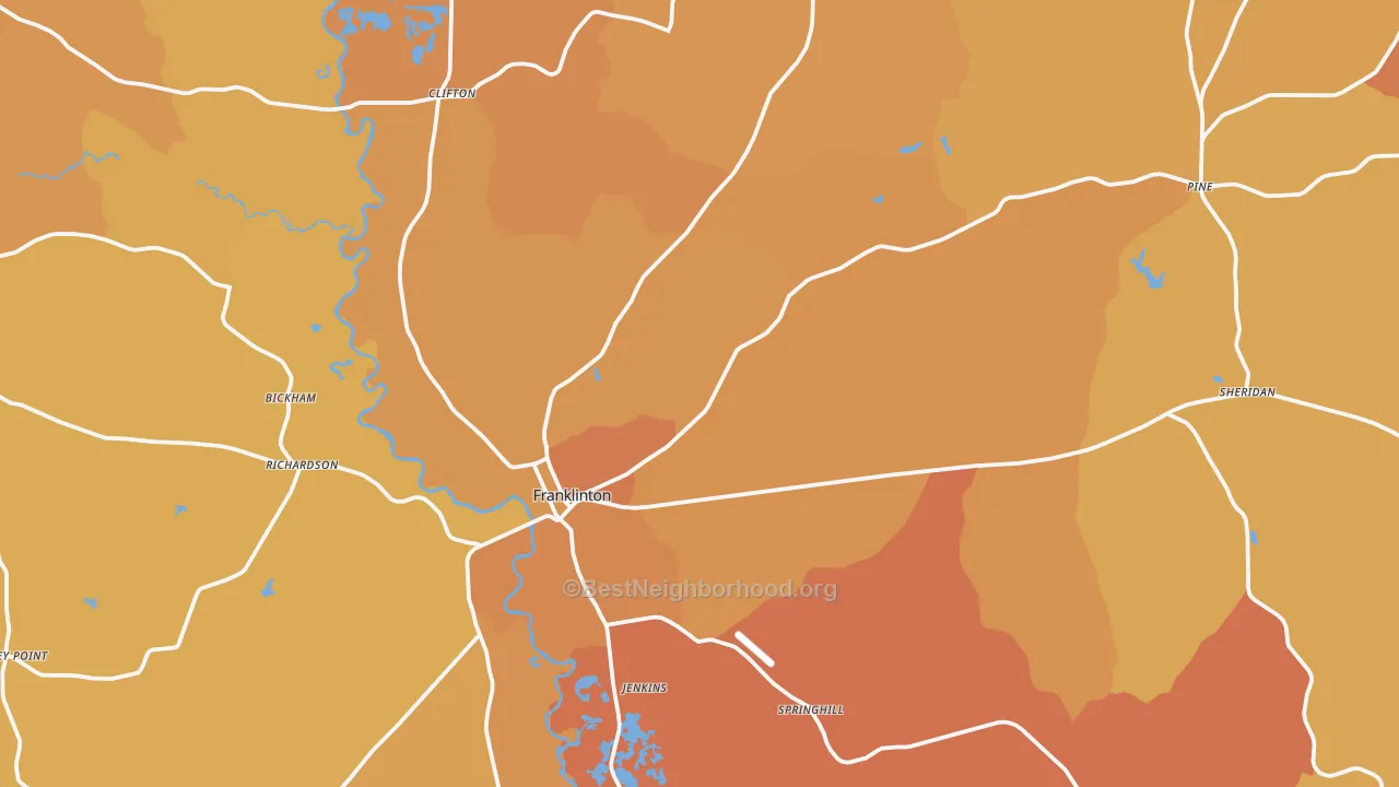 Map of the best neighborhoods in the Franklinton area, with better matches in green and worse matches in red