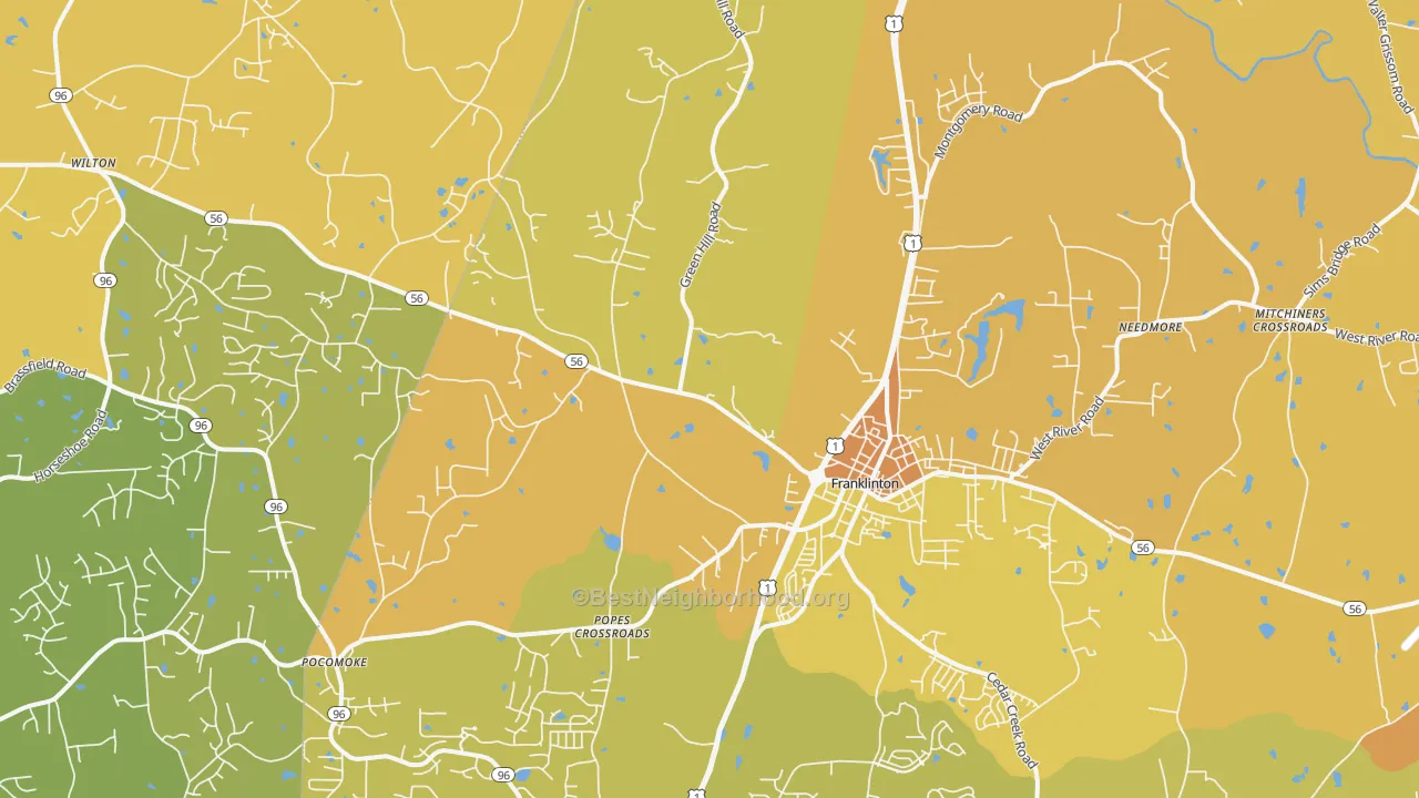 Map of the best neighborhoods in the Franklinton area, with better matches in green and worse matches in red