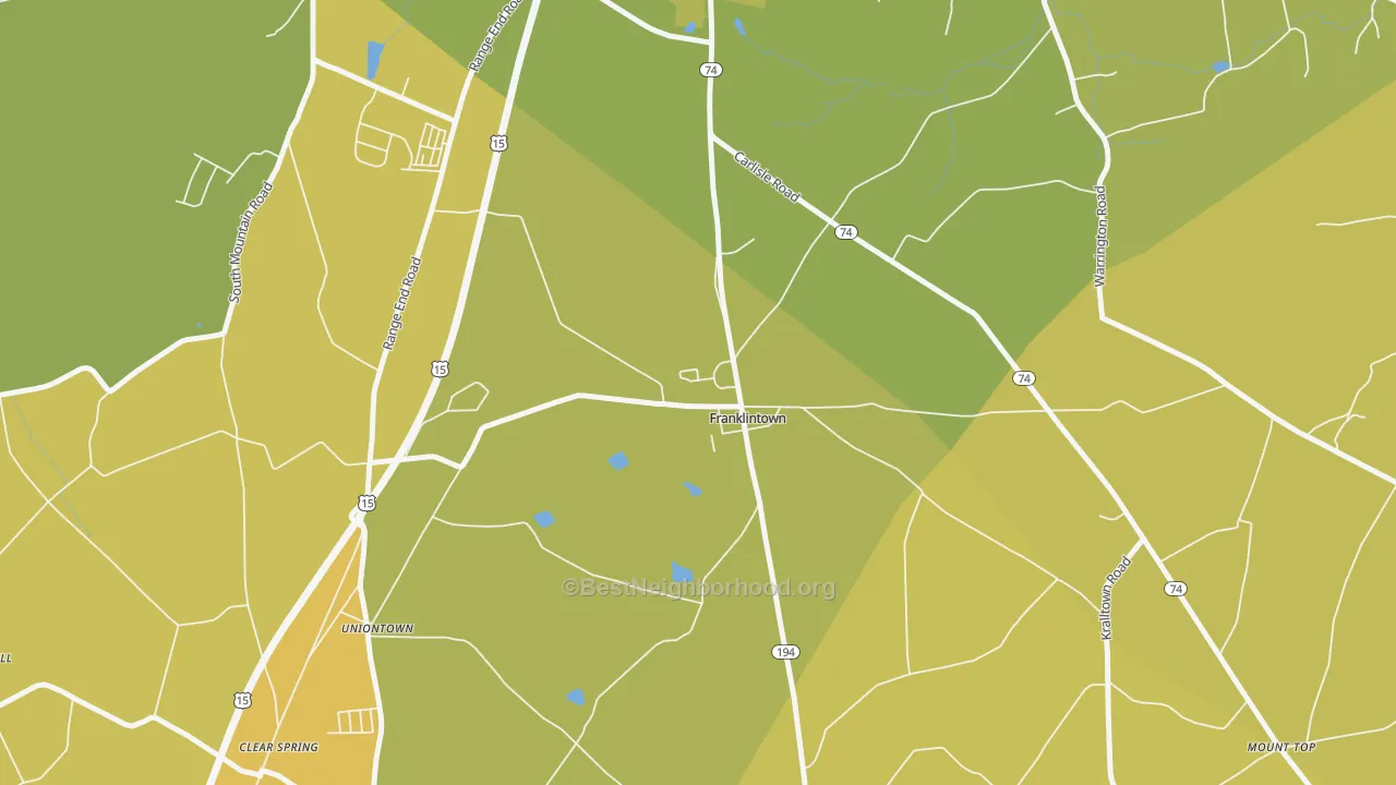 Map of the best neighborhoods in the Franklintown area, with better matches in green and worse matches in red