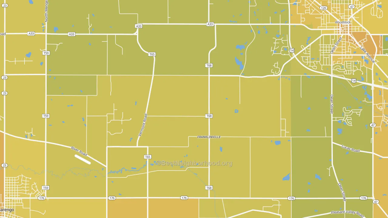 Map of the best neighborhoods in the Franklinville area, with better matches in green and worse matches in red