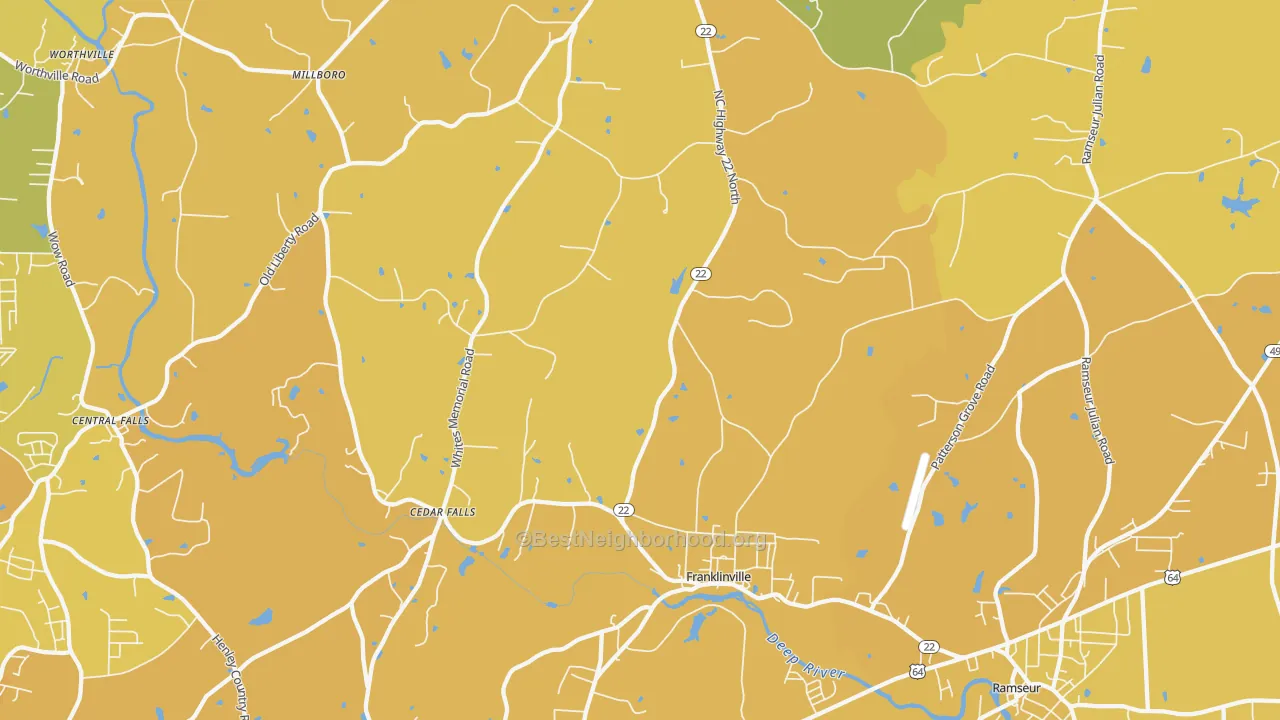Map of the best neighborhoods in the Franklinville area, with better matches in green and worse matches in red