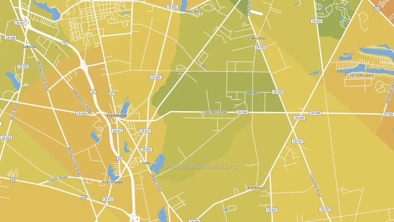 Map of the best neighborhoods in the Franklinville area, with better matches in green and worse matches in red