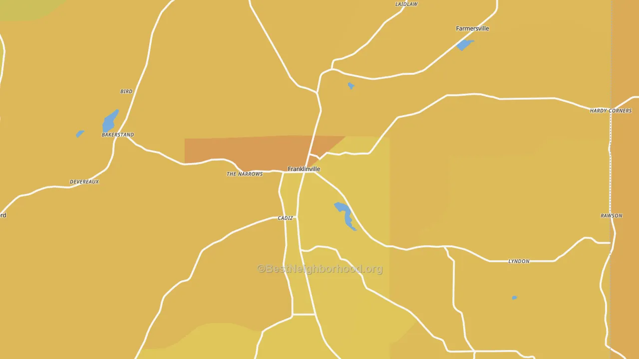 Map of the best neighborhoods in the Franklinville area, with better matches in green and worse matches in red