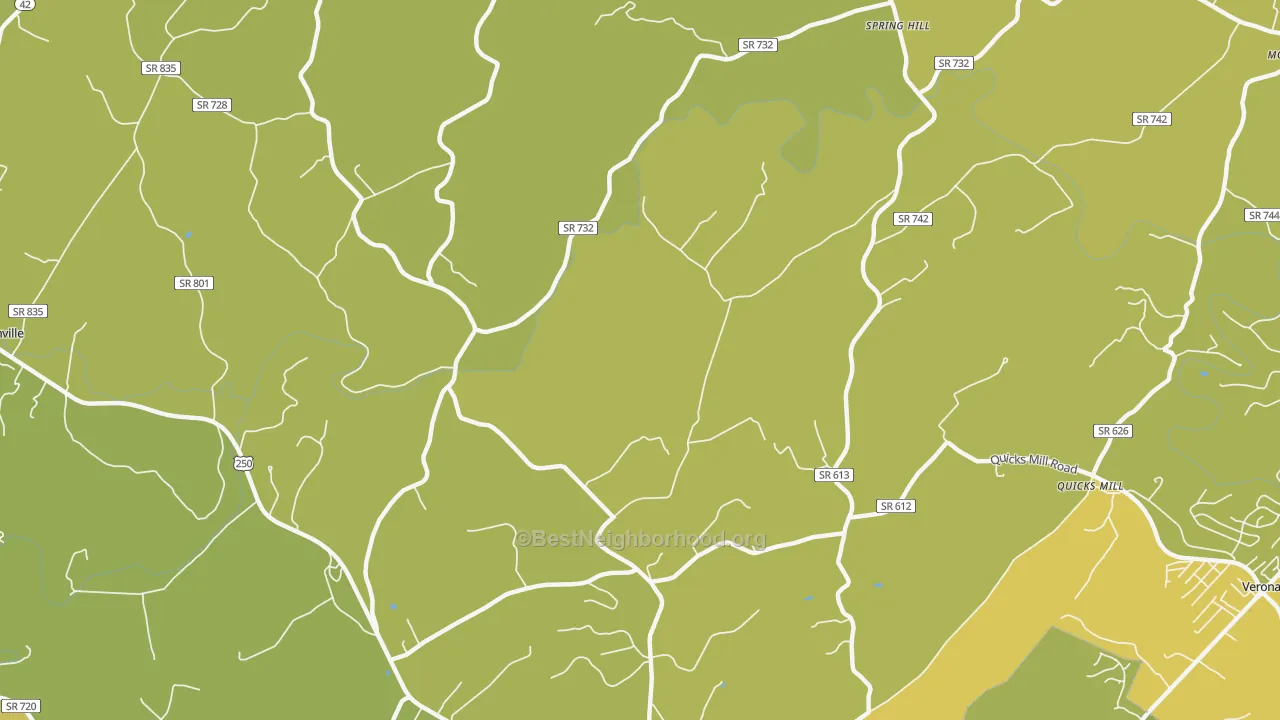 Map of the best neighborhoods in the Franks Mill area, with better matches in green and worse matches in red