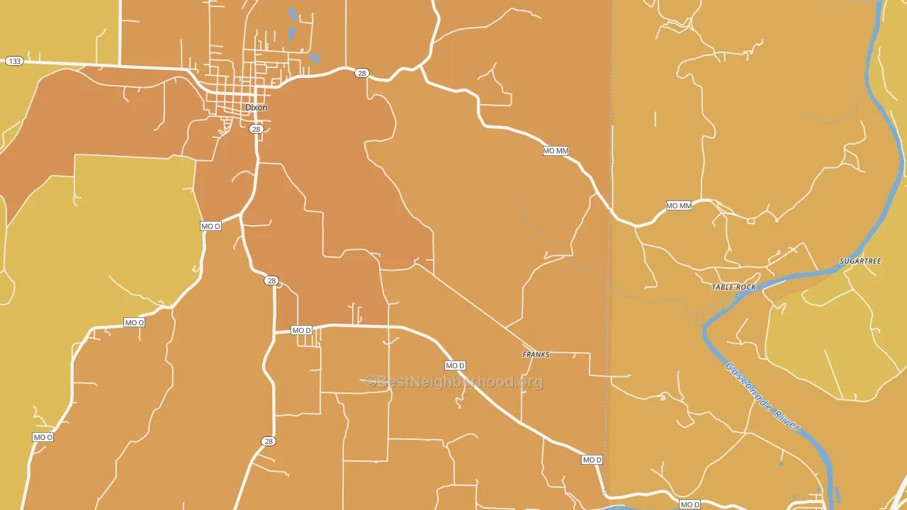 Map of the best neighborhoods in the Franks area, with better matches in green and worse matches in red