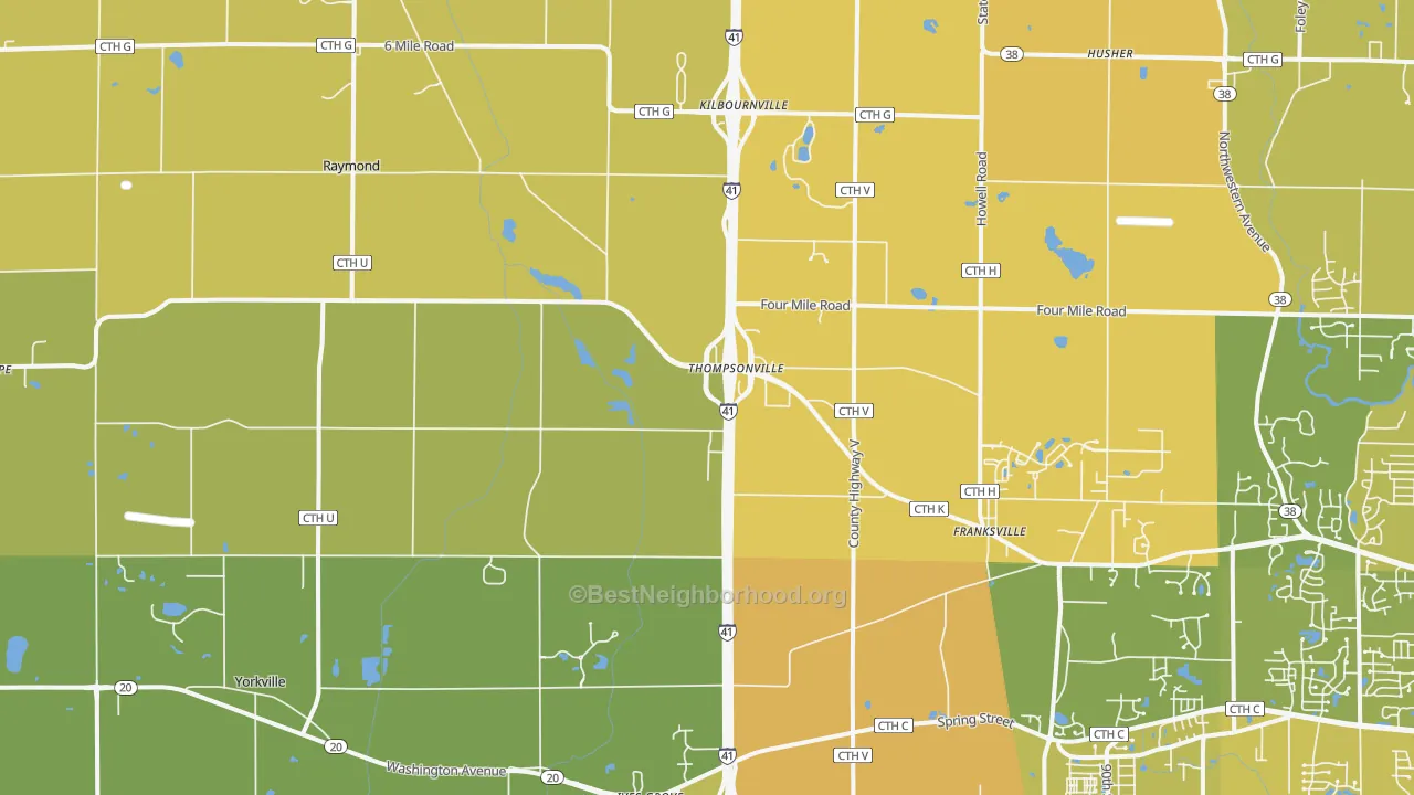 Map of the best neighborhoods in the Franksville area, with better matches in green and worse matches in red