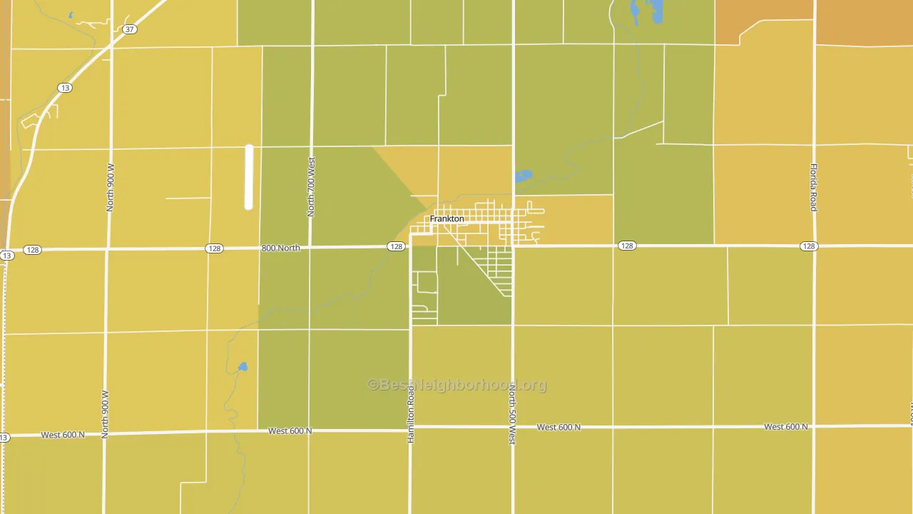 Map of the best neighborhoods in the Frankton area, with better matches in green and worse matches in red