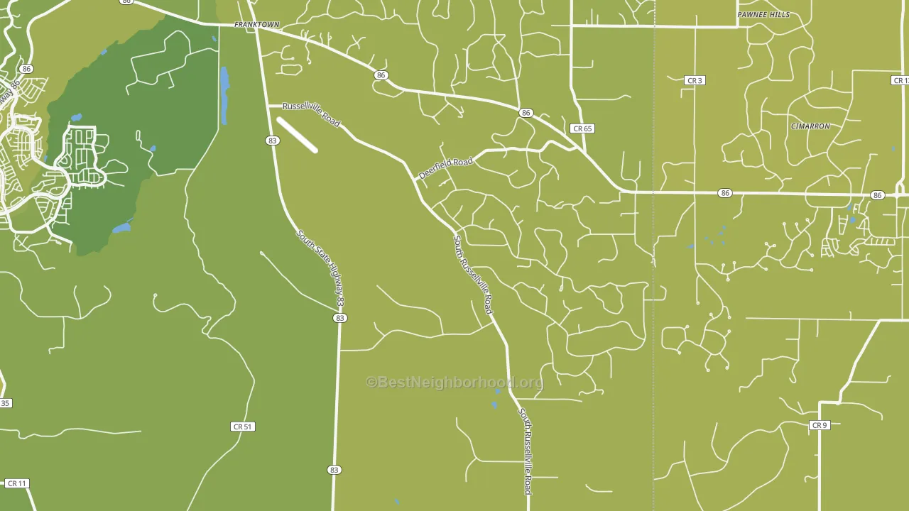 Map of the best neighborhoods in the Franktown area, with better matches in green and worse matches in red