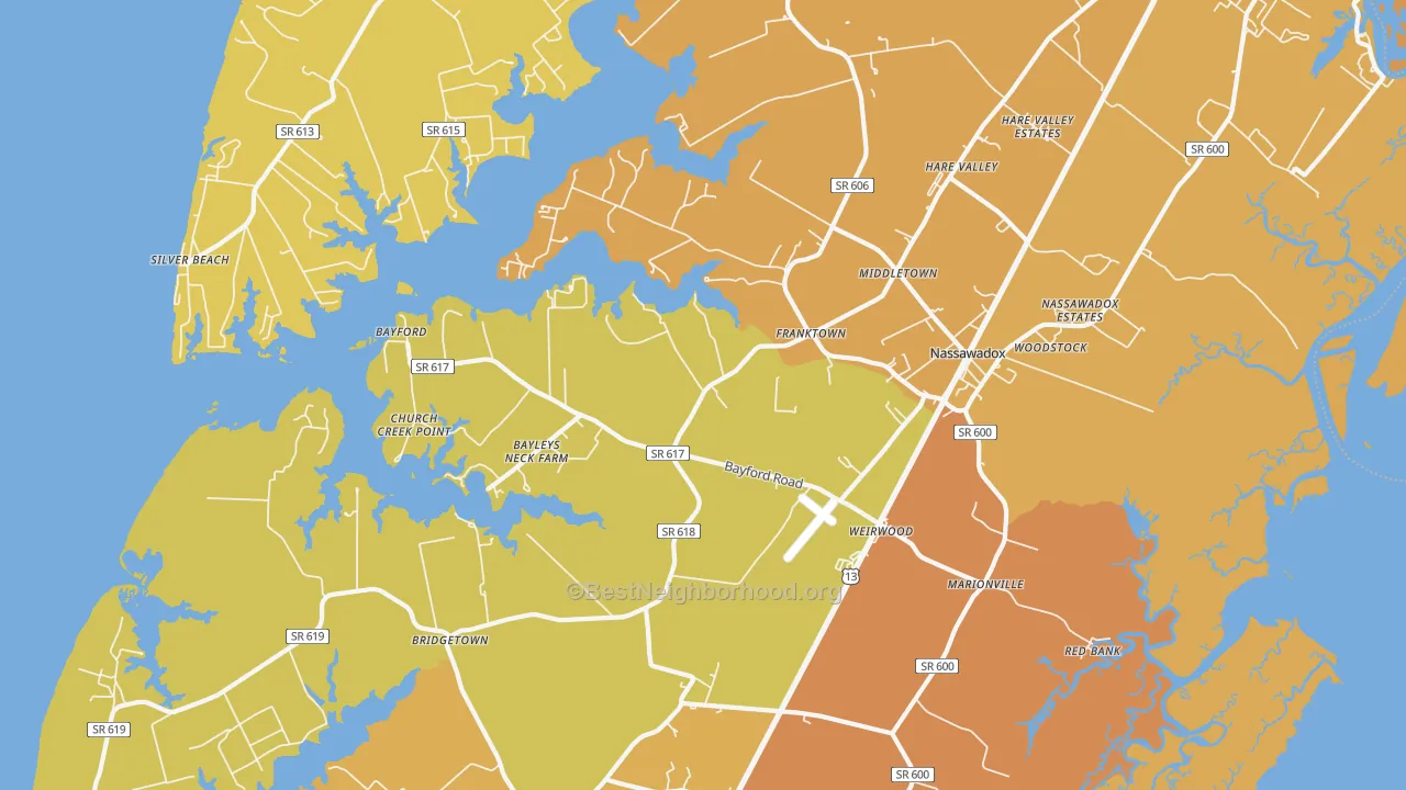 Map of the best neighborhoods in the Franktown area, with better matches in green and worse matches in red