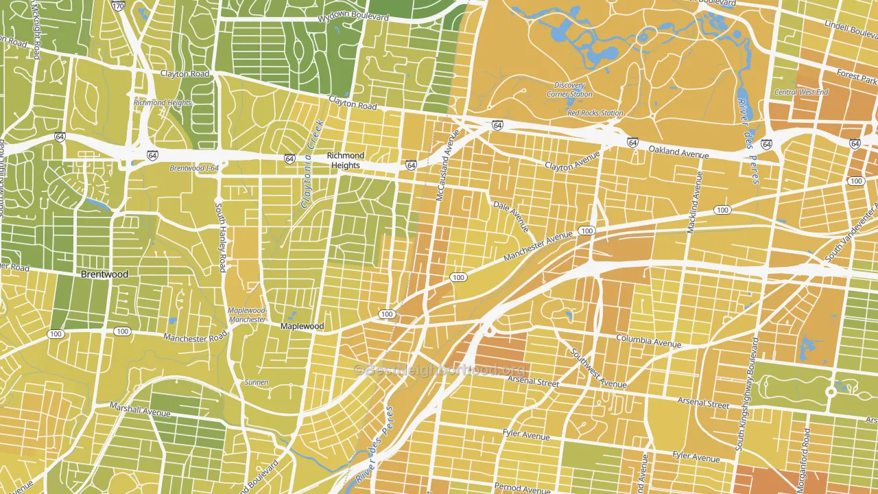Map of the best neighborhoods in the Franz Park, St. Louis area, with better matches in green and worse matches in red