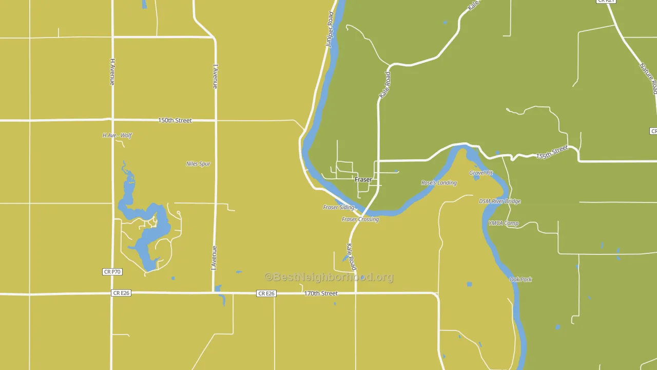 Map of the best neighborhoods in the Fraser area, with better matches in green and worse matches in red