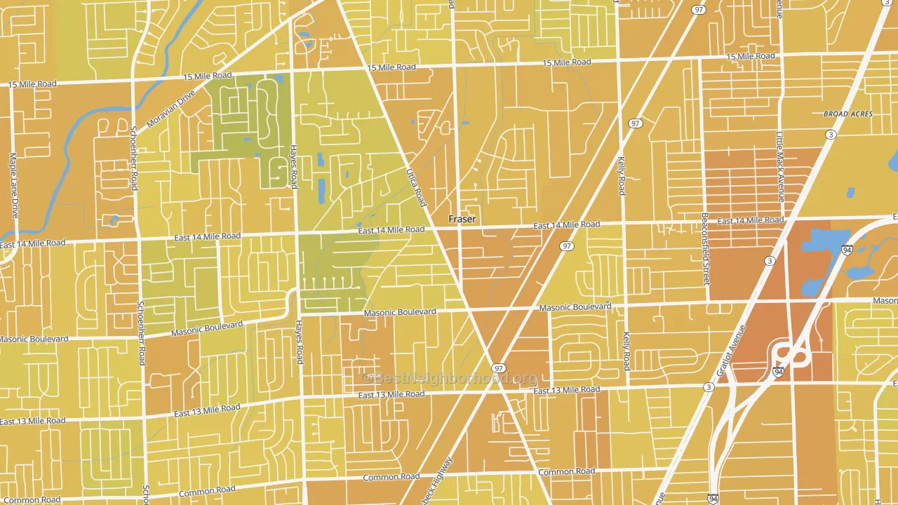 Map of the best neighborhoods in the Fraser area, with better matches in green and worse matches in red