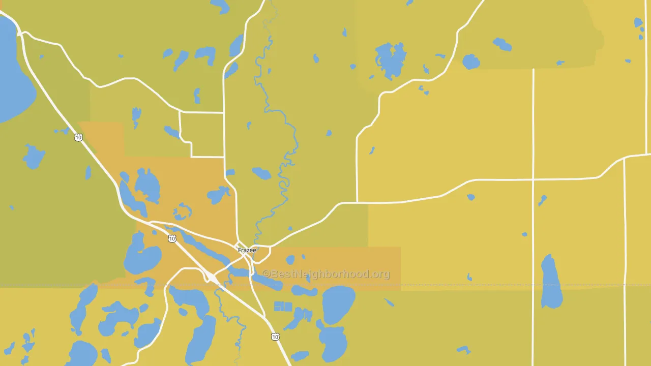 Map of the best neighborhoods in the Frazee area, with better matches in green and worse matches in red