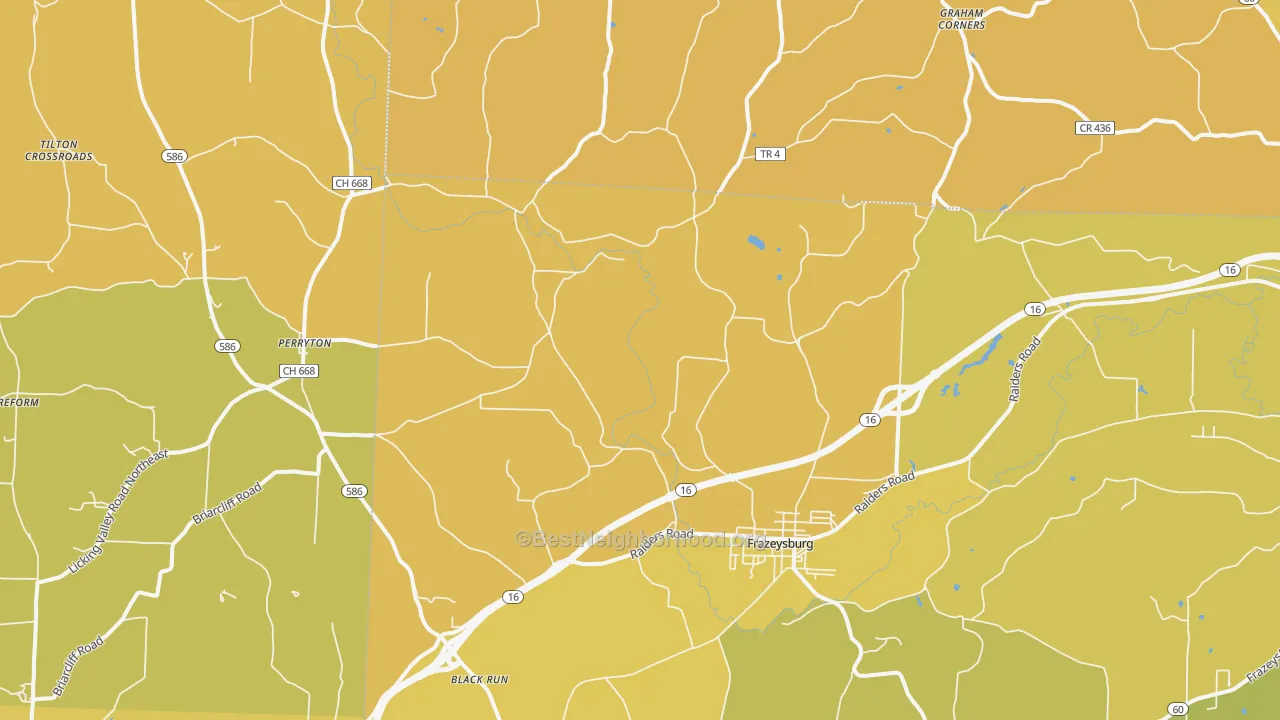 Map of the best neighborhoods in the Frazeysburg area, with better matches in green and worse matches in red